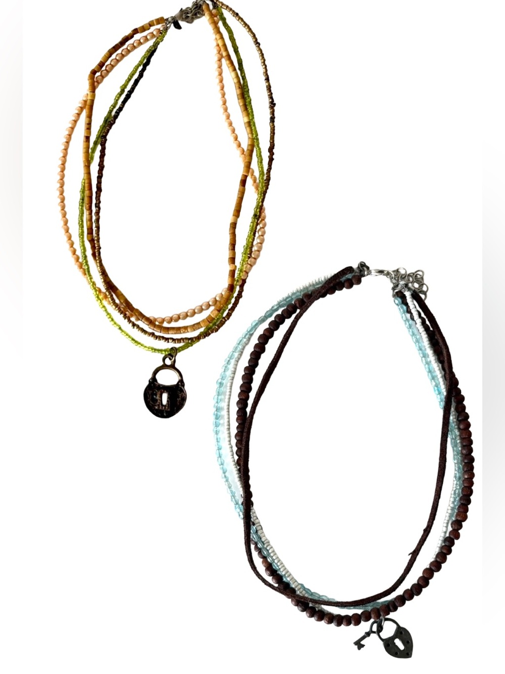 Pair of Y2K Style Multi Strand Short Necklaces 90s Vibes Heart Lock Key